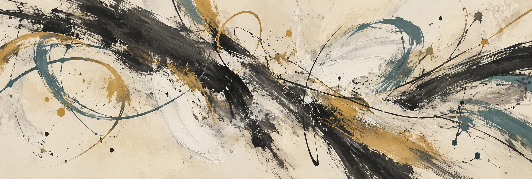 Original layered abstract gestures in dark paint, ivory, ochre and teal, with looping lines, droplets and open intervals.