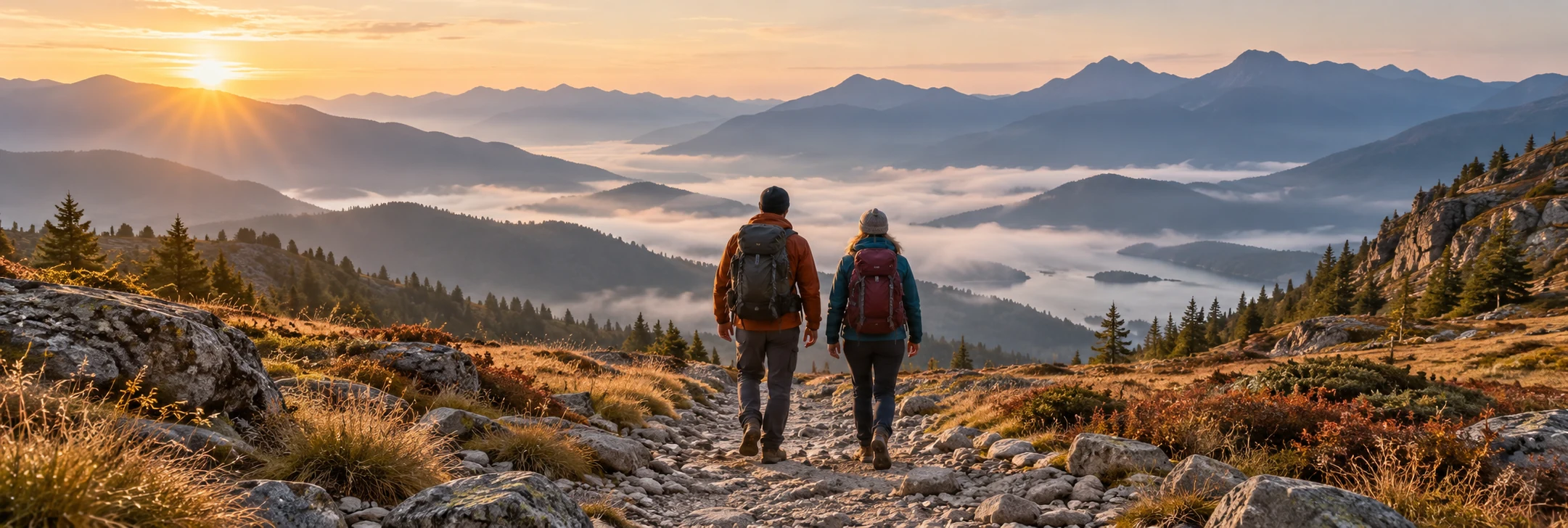 Two hikers on a broad rocky path above a misty valley with layered mountain ridges.
