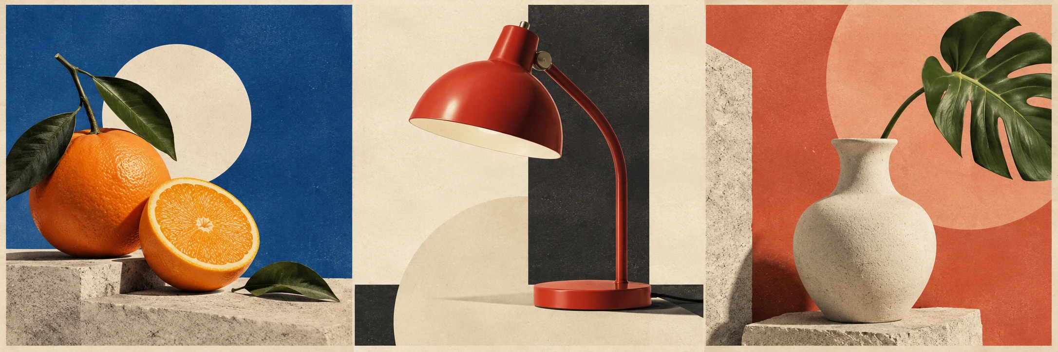 A collage of fictional advertising studies featuring citrus, a graphic desk lamp and a simple vessel with open colour fields.