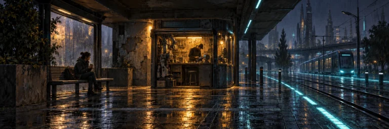 Invented future transit platform with an amber kiosk, cyan lighting and broken reflections on dark wet paving.
