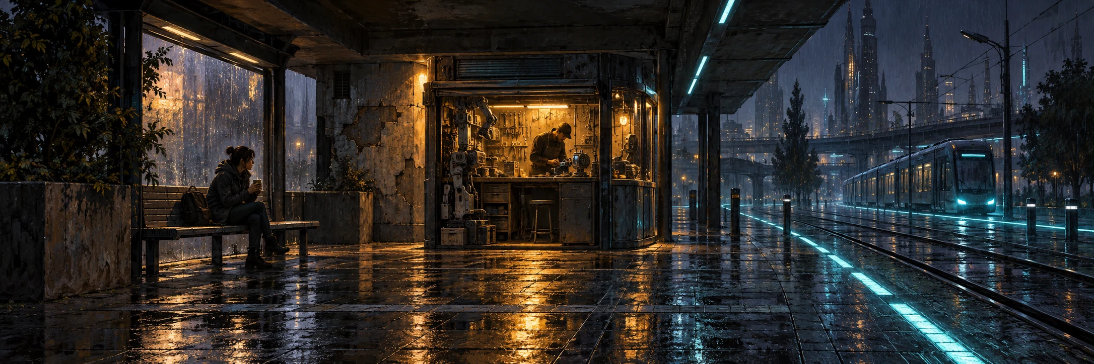Invented future transit platform with an amber kiosk, cyan lighting and broken reflections on dark wet paving.