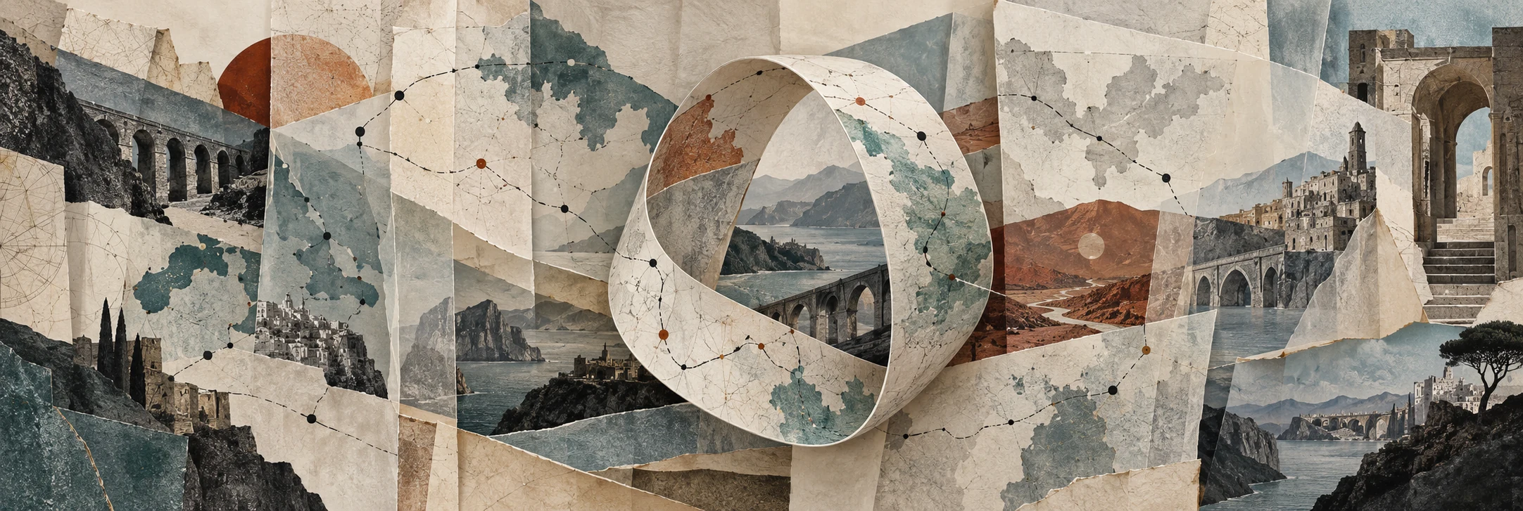 Conceptual collage of translucent invented maps, architectural fragments and routes interrupted by visible seams.