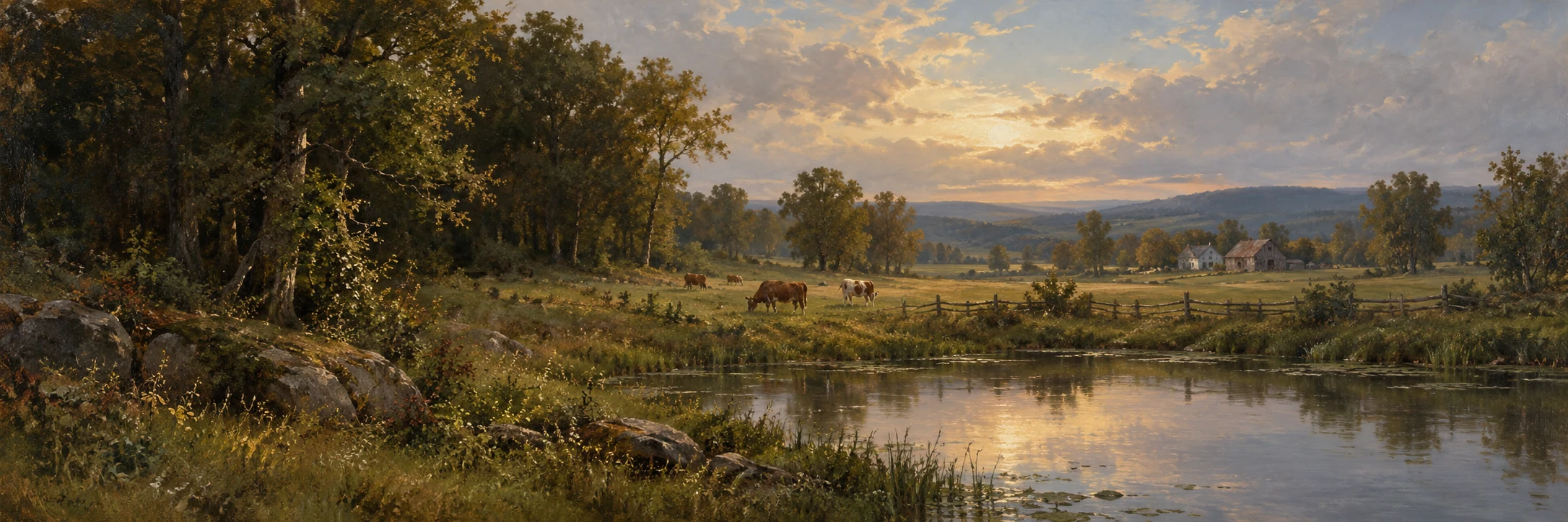 Imagined rural meadow and water beside broad woodland, with small grazing cattle beneath a softly lit sky.