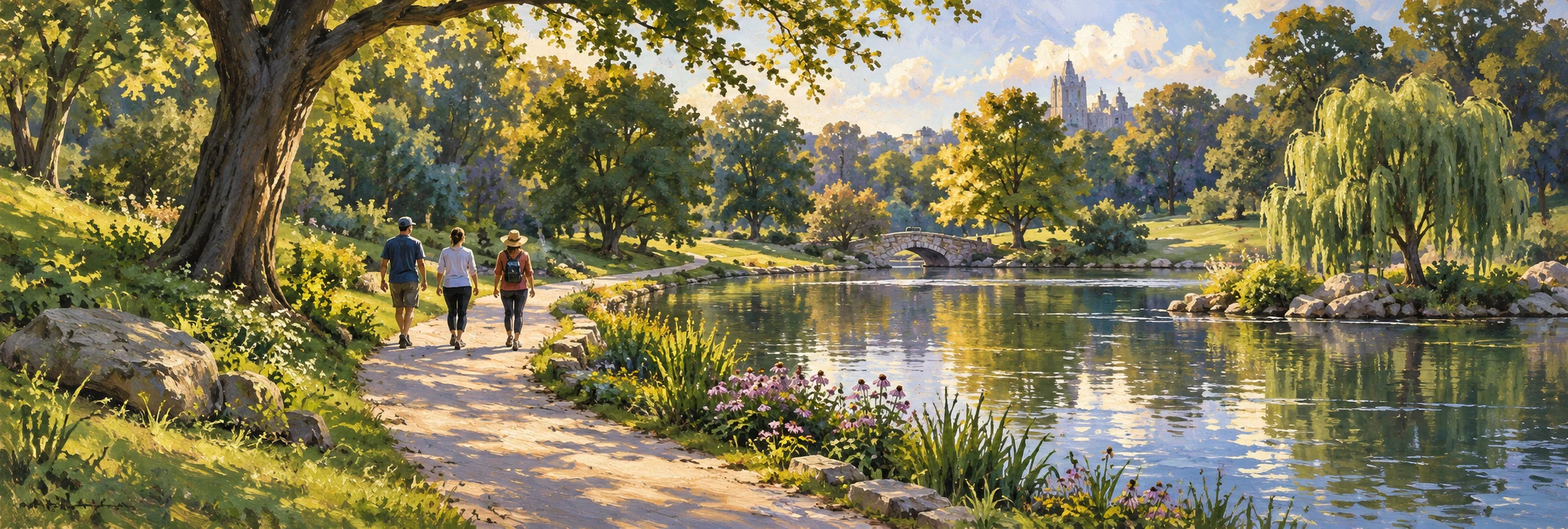 Sunlit invented public park with a pond, curving path, small walking figures and broken warm and cool brushwork.
