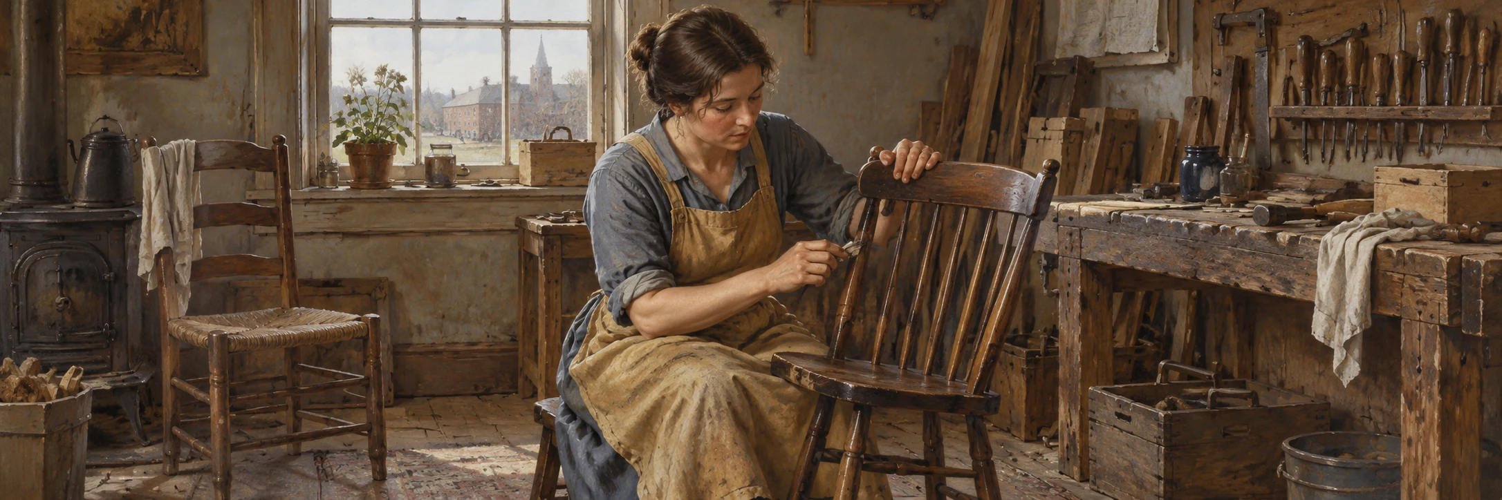 A painted chair repairer working beside a window in a wooden workshop