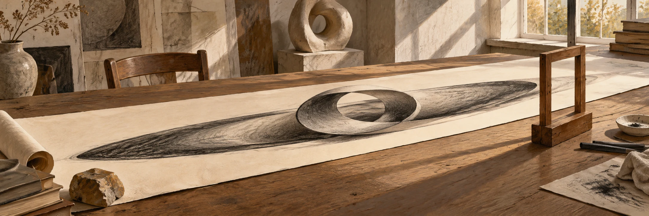 An elongated charcoal study on a studio table beside a wooden viewing frame