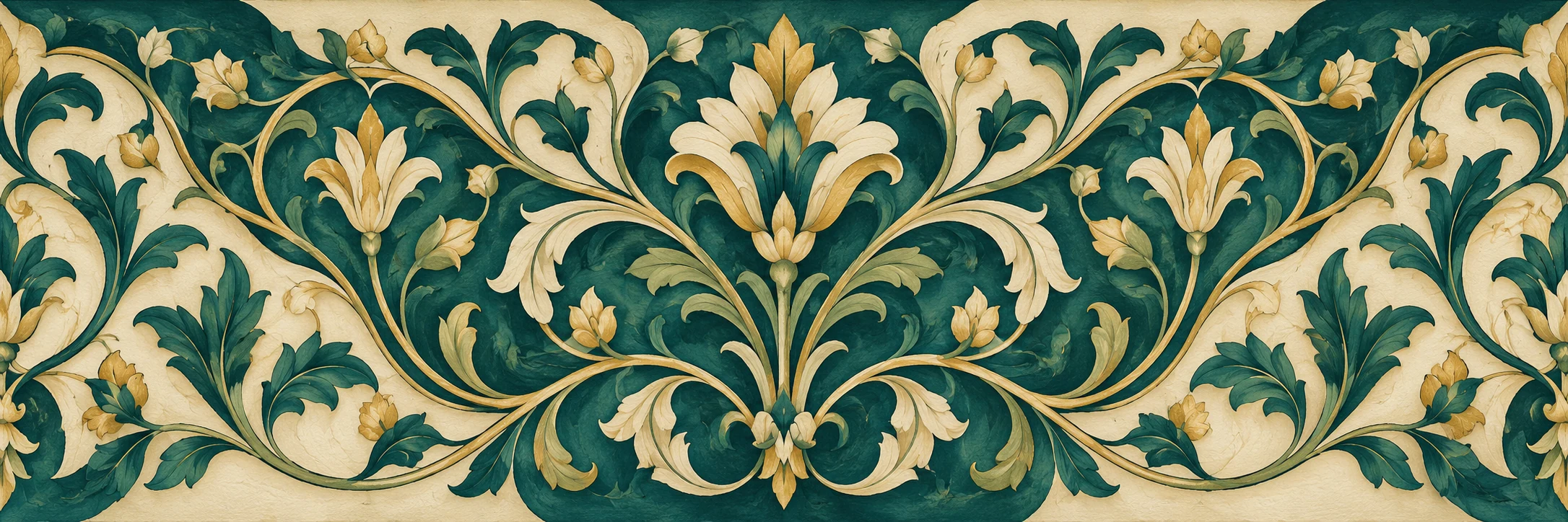 Teal and ivory scrolling stems with stylised leaves and restrained gold accents