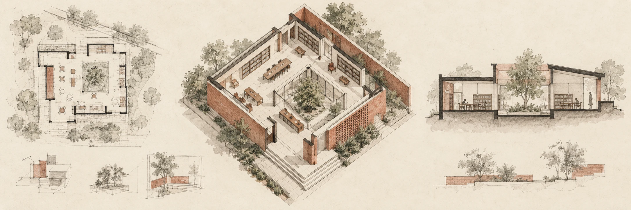 An imagined library cutaway with plan and section sketches on ivory paper