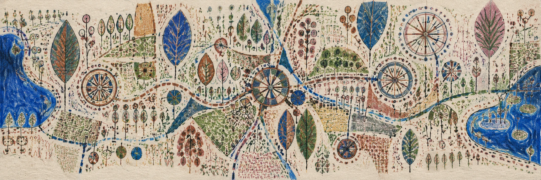 Invented coloured-pencil motifs repeat across a warm paper-like surface
