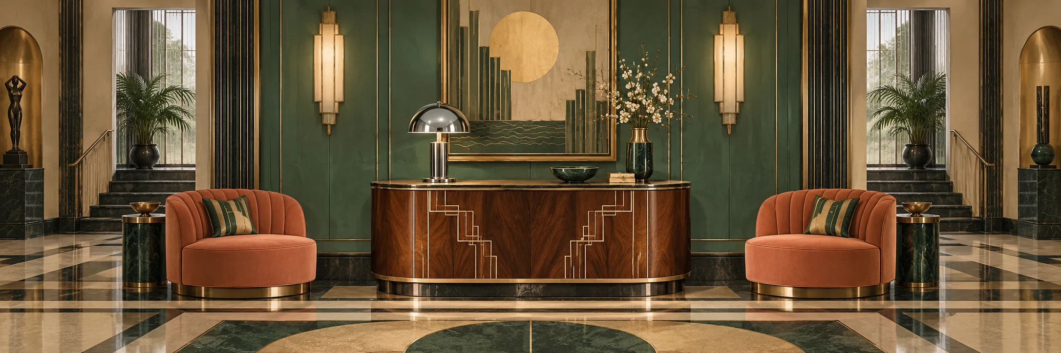 An imagined Art Deco lobby with a walnut console, chrome lamp and jade wall panels
