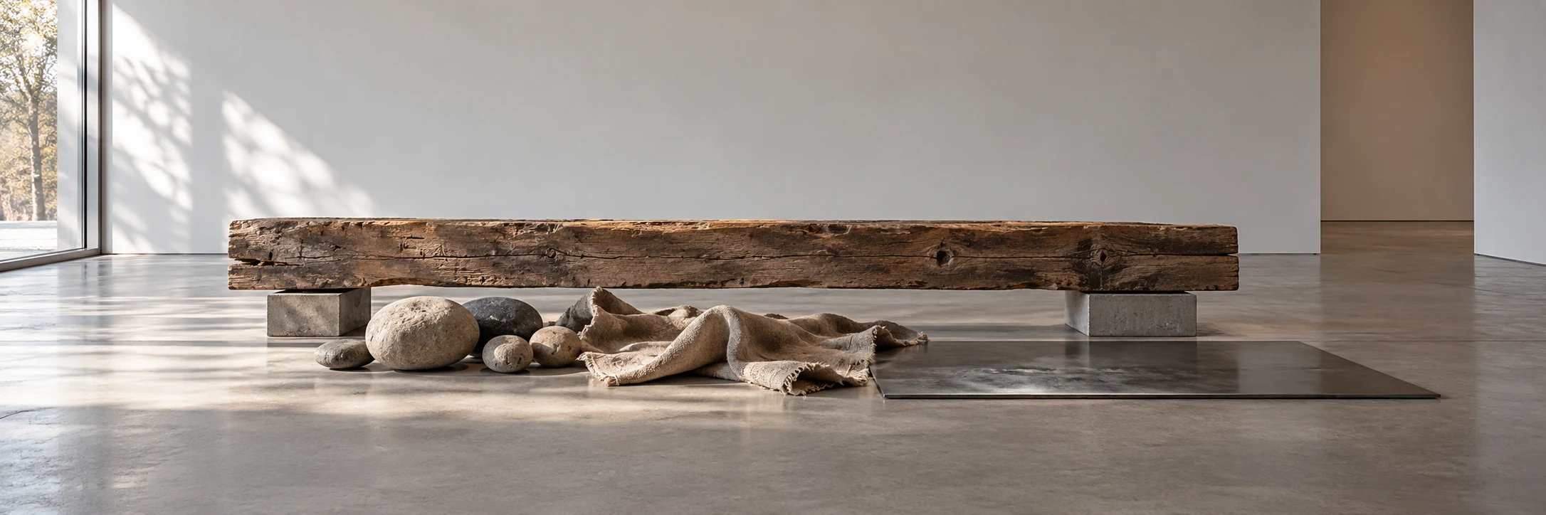 Timber, river stones, folded cloth and a steel plate arranged in an imagined gallery