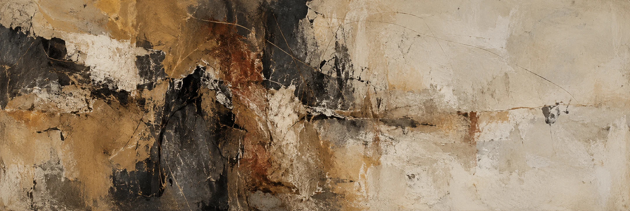 Ochre and charcoal abstract textures with incised marks and a pale open passage