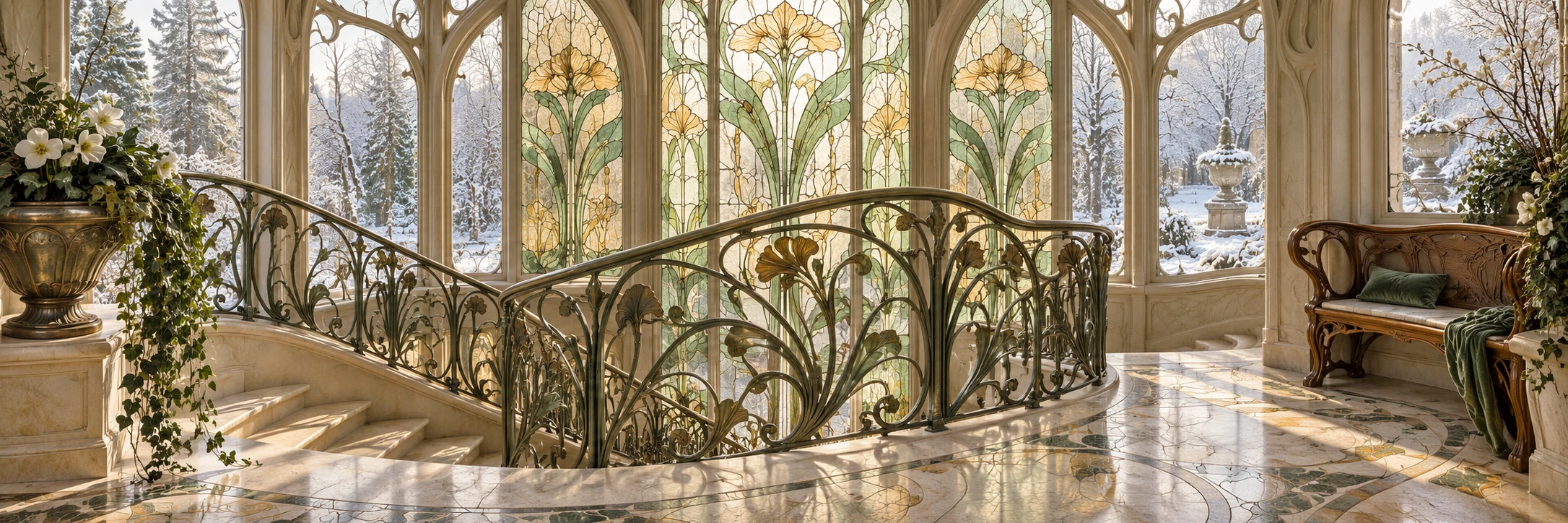 An imagined winter garden with botanical ironwork and green-and-amber stained glass