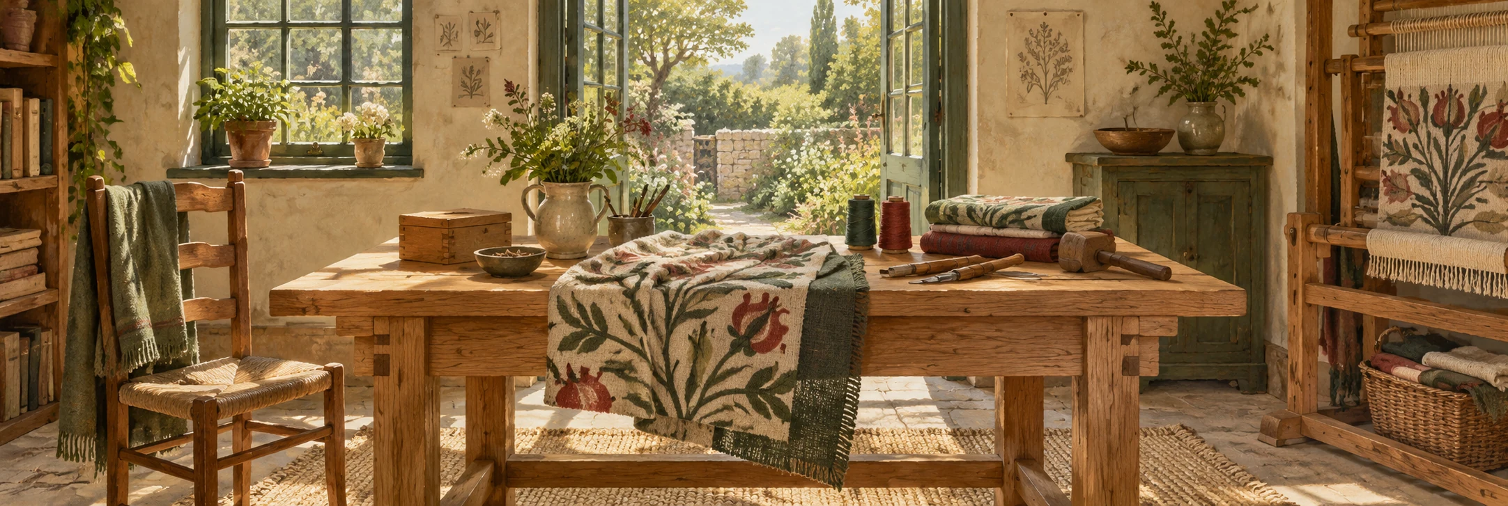 A warmly lit workshop with wooden furniture, plants and patterned fabric.