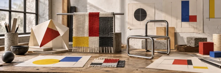 An imagined design workbench with folded paper, woven textile and a metal prototype