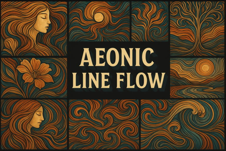 Ochre flowing lines form portraits, a flower, a tree and spirals on dark green panels around the title Aeonic Line Flow.