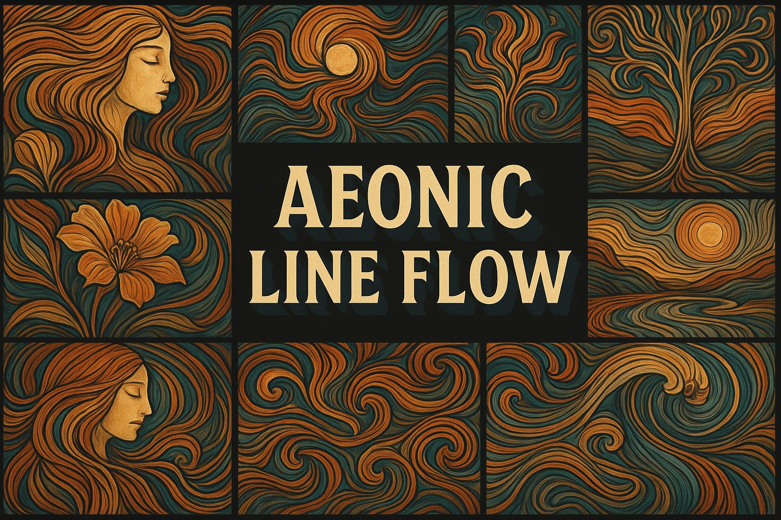 Ochre flowing lines form portraits, a flower, a tree and spirals on dark green panels around the title Aeonic Line Flow.