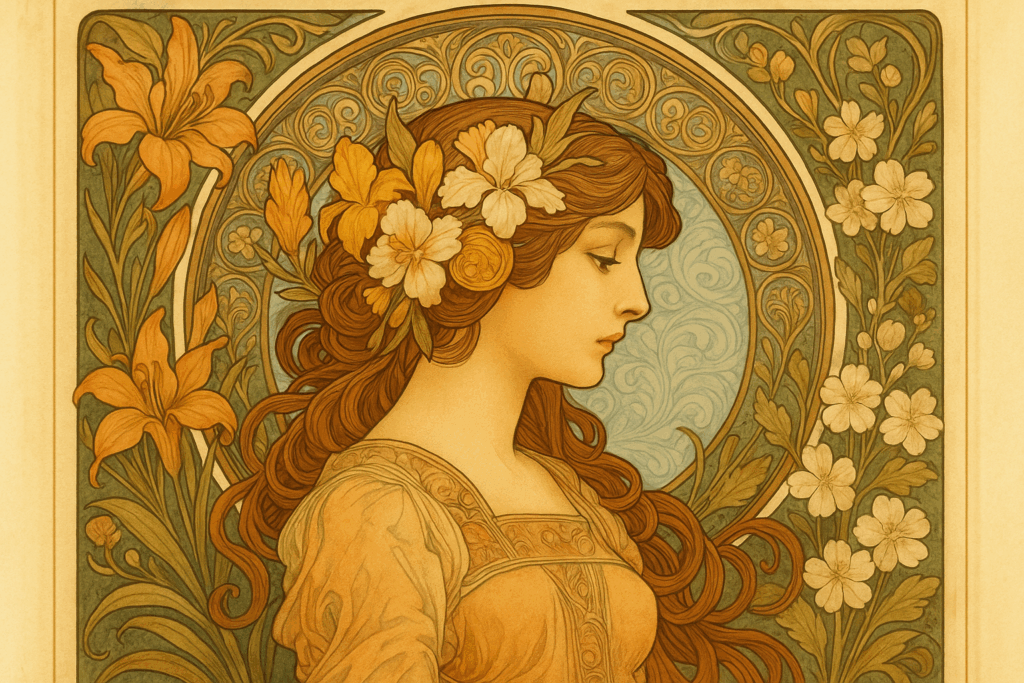 A red-haired woman in profile is framed by curling hair, pale flowers and an ornamental arch.