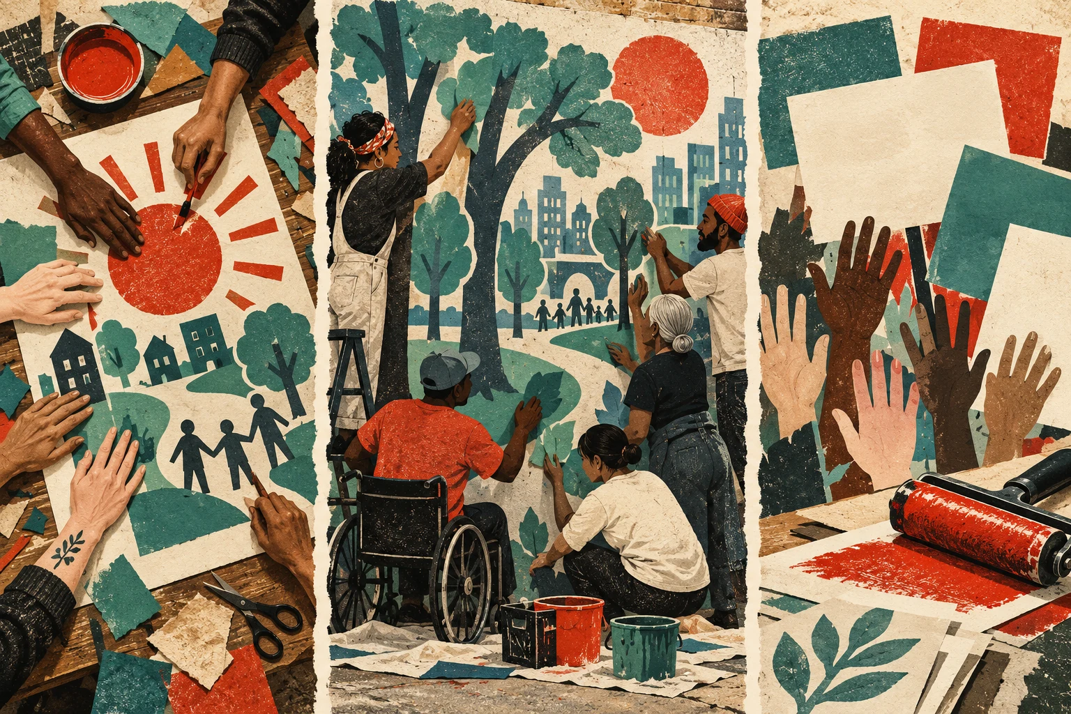 A cut-paper collage shows hands making posters, neighbours painting a tree mural, and blank placards beside a printing roller.