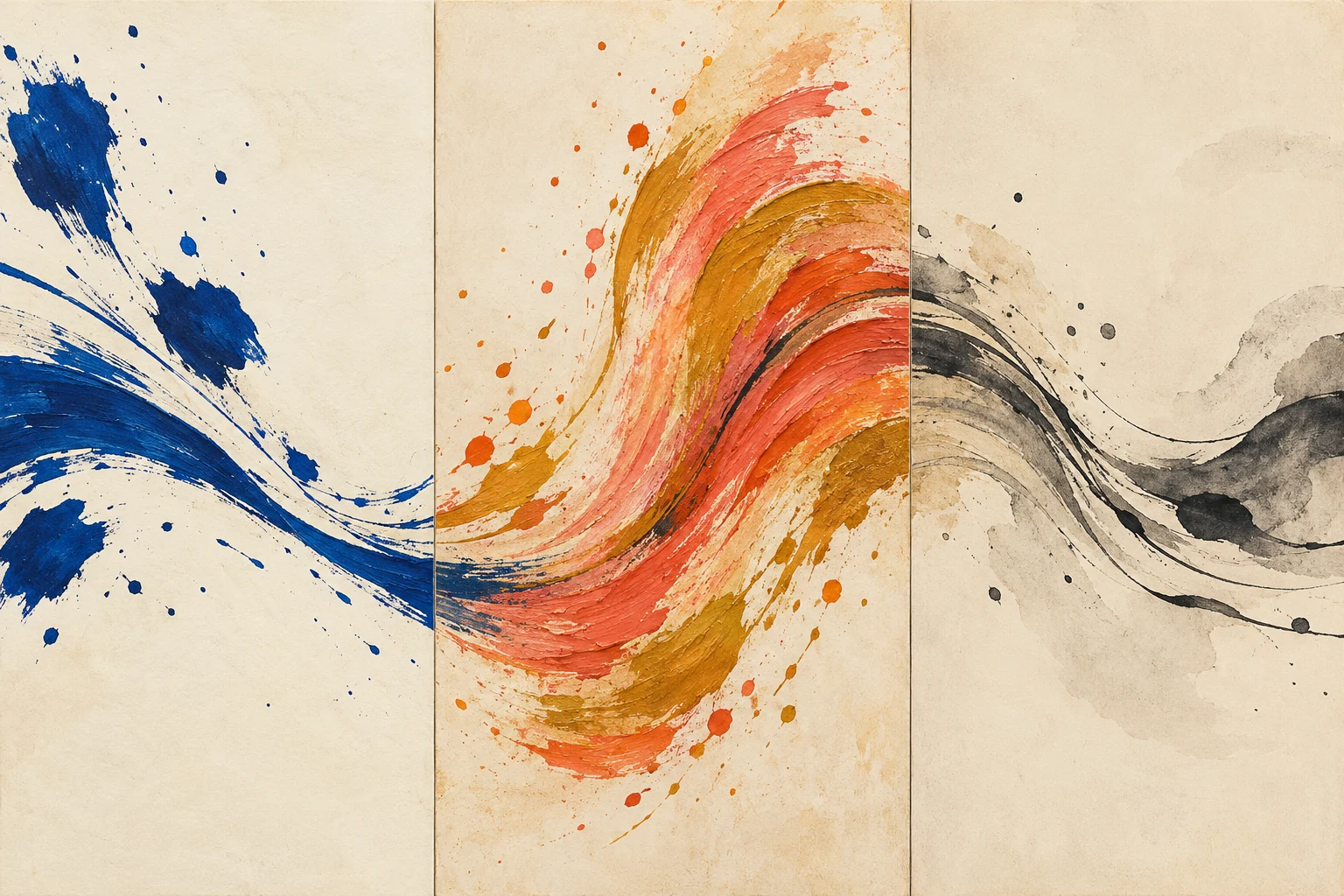 Three panels carry blue brushstrokes into a coral and ochre crest, then into sparse charcoal ripples on cream paper.