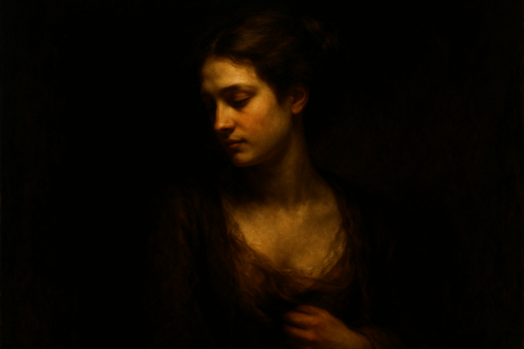 Warm light reveals a figure's face, chest and hand while the surrounding room recedes into deep shadow.