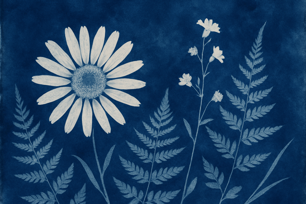 A large white flower, delicate stems and fern-like leaves contrast with a textured blue background.