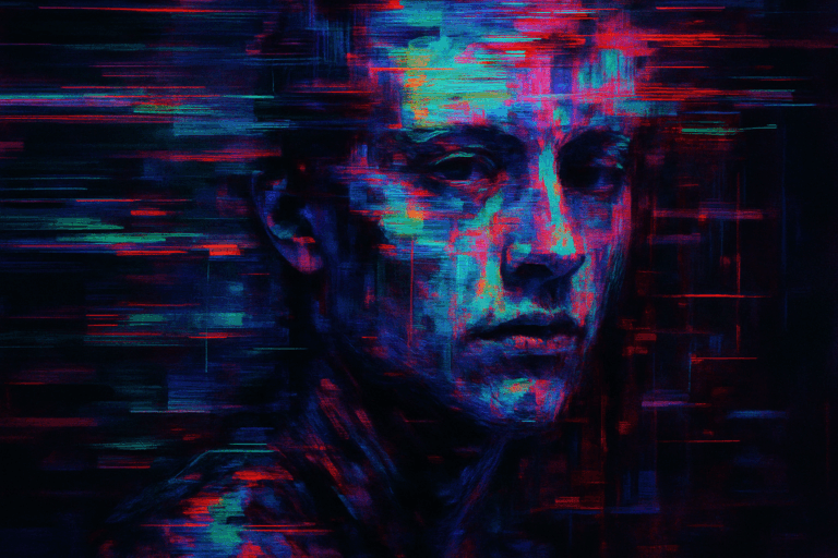 AOI Glitch Art catalog portrait interrupted by red, cyan and blue horizontal bands.