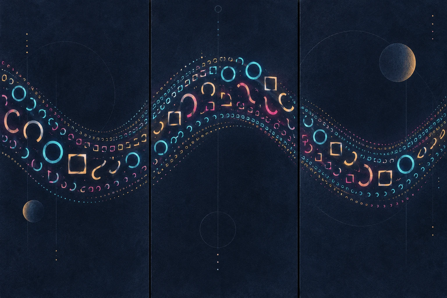 Cyan, amber and pink loops and broken geometric marks follow a wave across three dark blue panels.