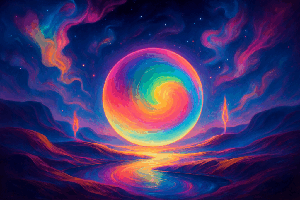 A glowing pink, yellow and turquoise spiral floats over an imaginary blue landscape and luminous river.