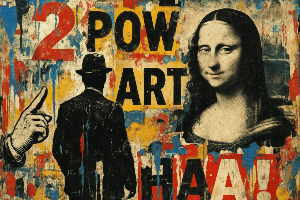 A torn-paper collage combines a Mona Lisa face, a pointing hand, a dark silhouette and bright poster fragments.
