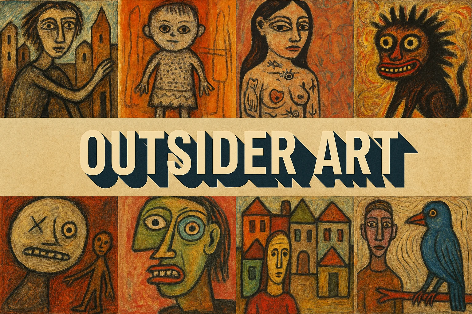 An archive collage combines frontal faces, small buildings and a bird in ochre, orange and black around the words Outsider Art.
