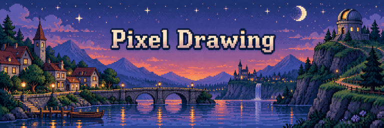 Pixel Drawing banner: a riverside town, arched bridge and hilltop observatory beneath a starry twilight sky.