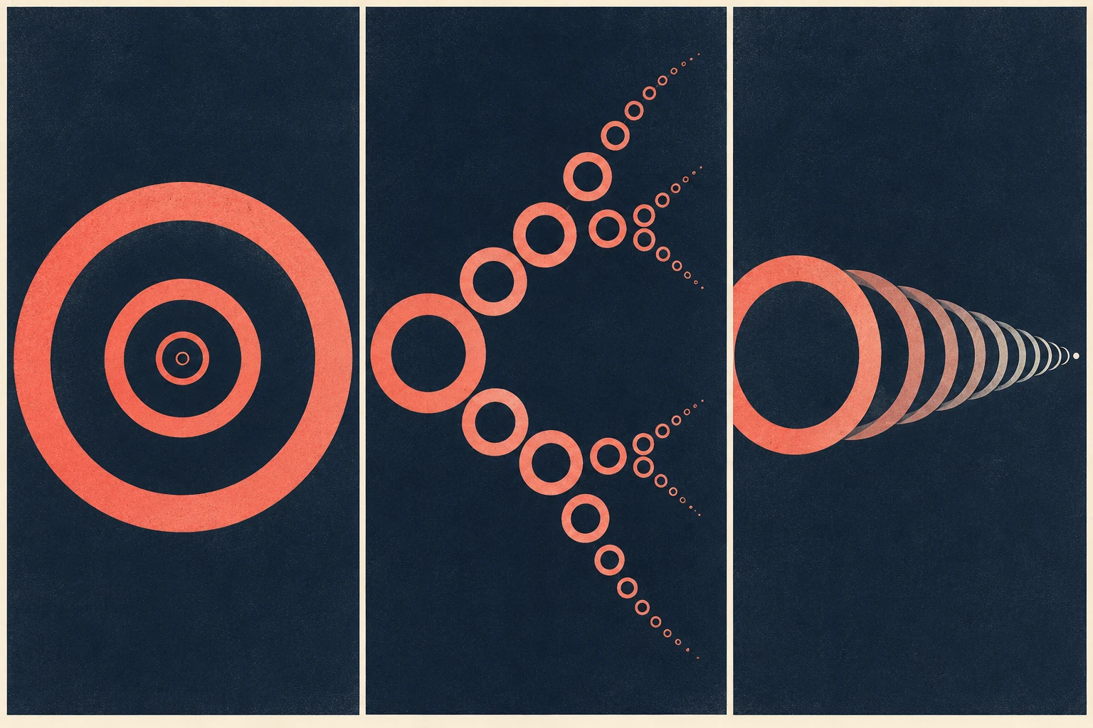 Coral rings form nested, branching and diminishing patterns across three navy panels.