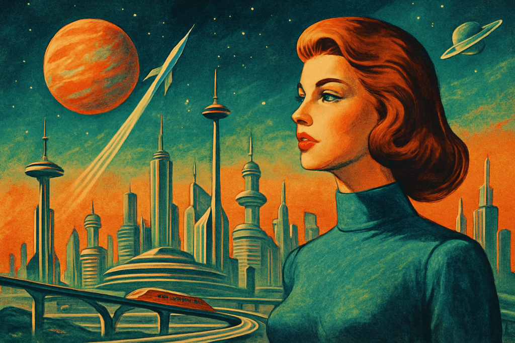 A red-haired woman faces a futuristic city of slender towers, sweeping roads, a rocket and fanciful planets.