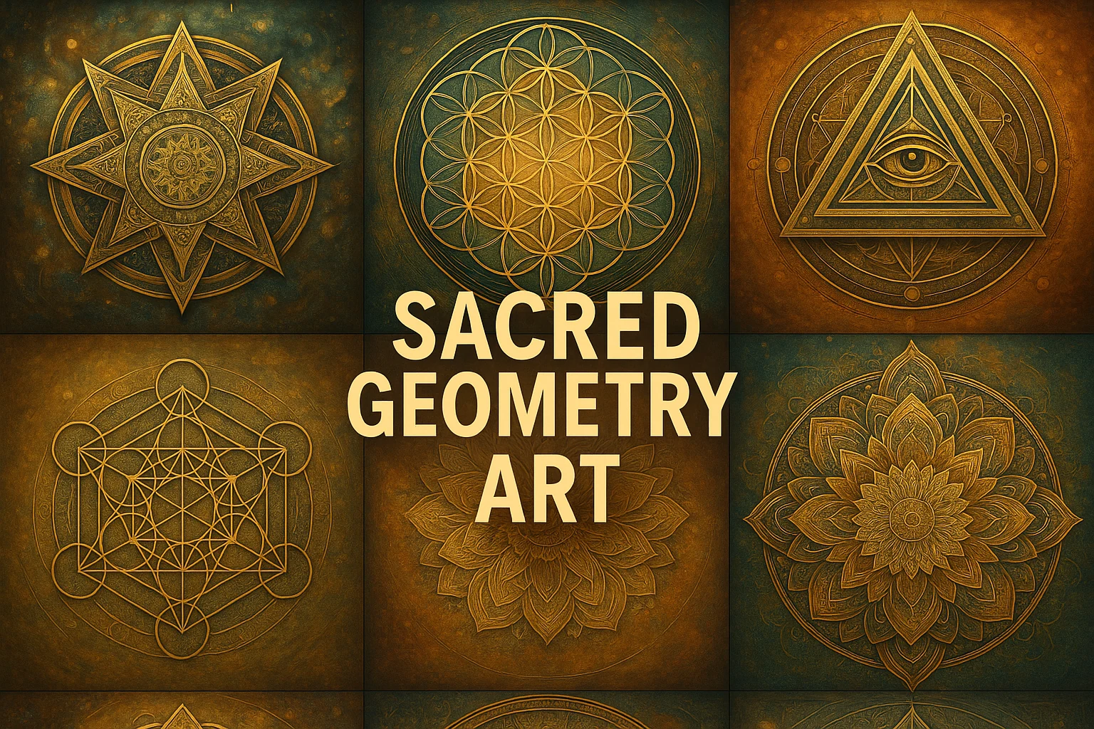 Gold stars, overlapping circles, an eye within a triangle and floral geometry surround the words Sacred Geometry Art.