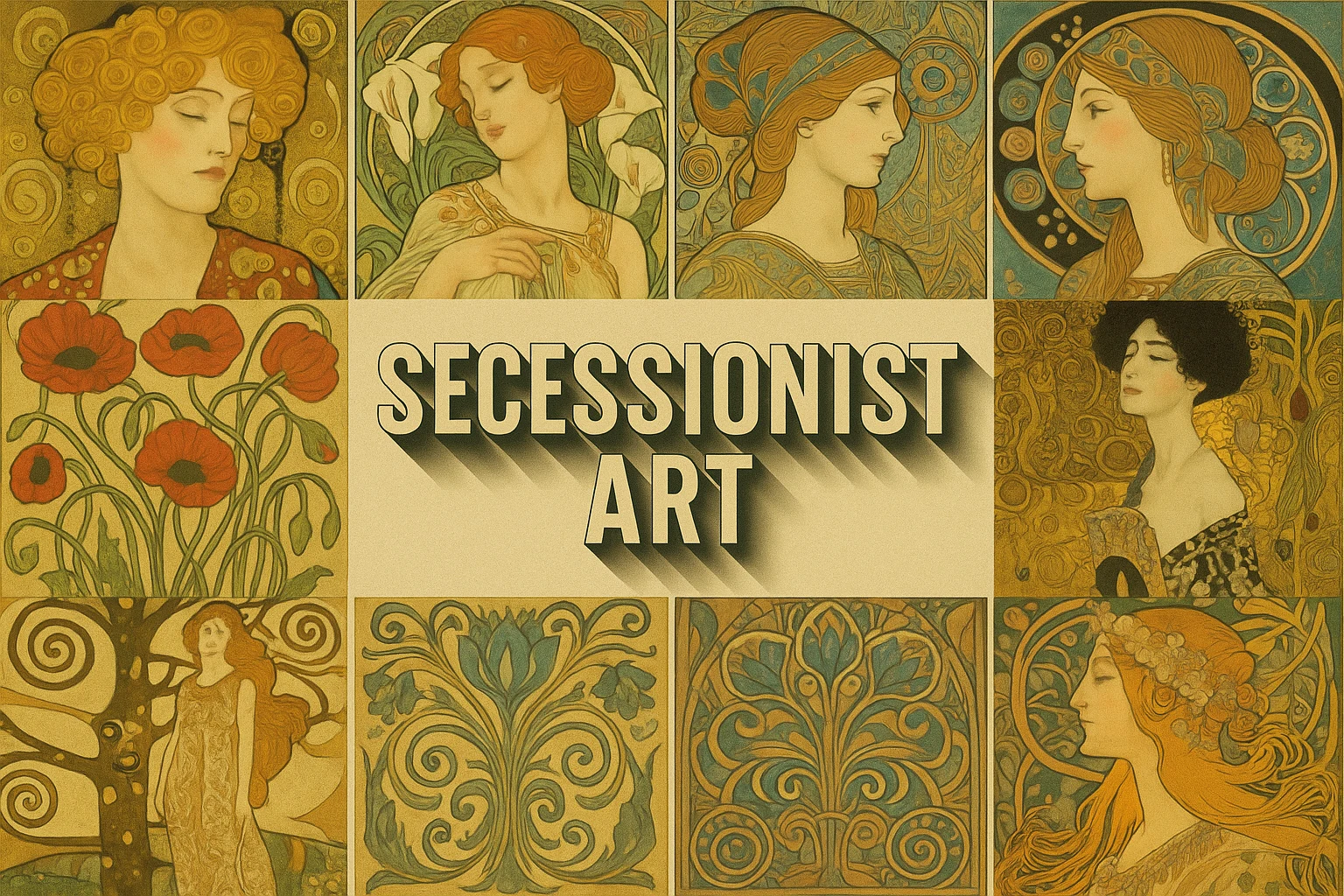 Ochre and green panels of profile portraits and botanical ornament surround the words Secessionist Art.