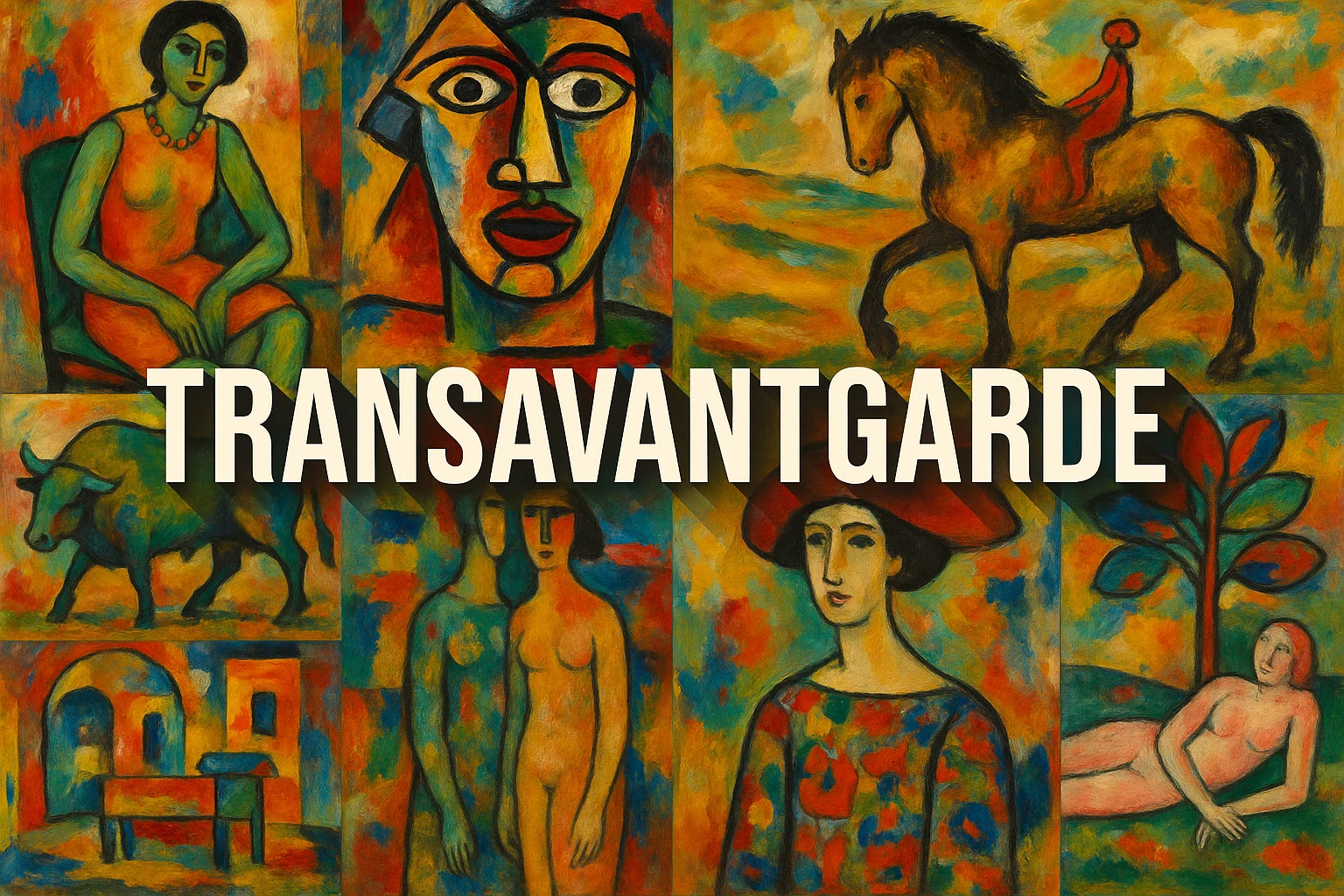 A collage of expressive figures, animals and colourful architectural shapes surrounds the word Transavantgarde.