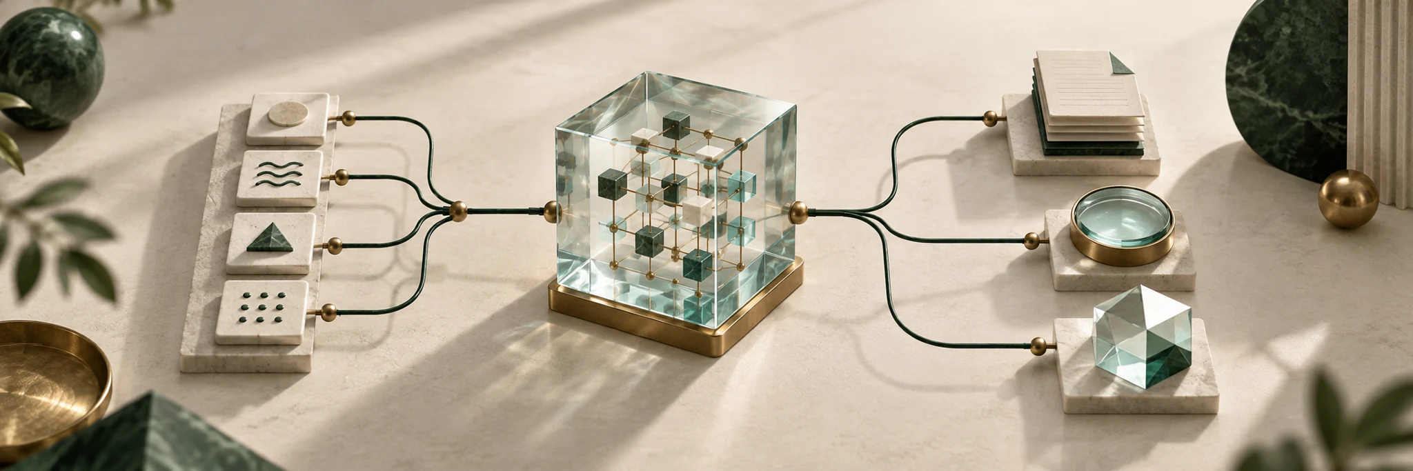 A glass cube with a lattice connects ceramic input tiles to documents, a lens and a geometric output.