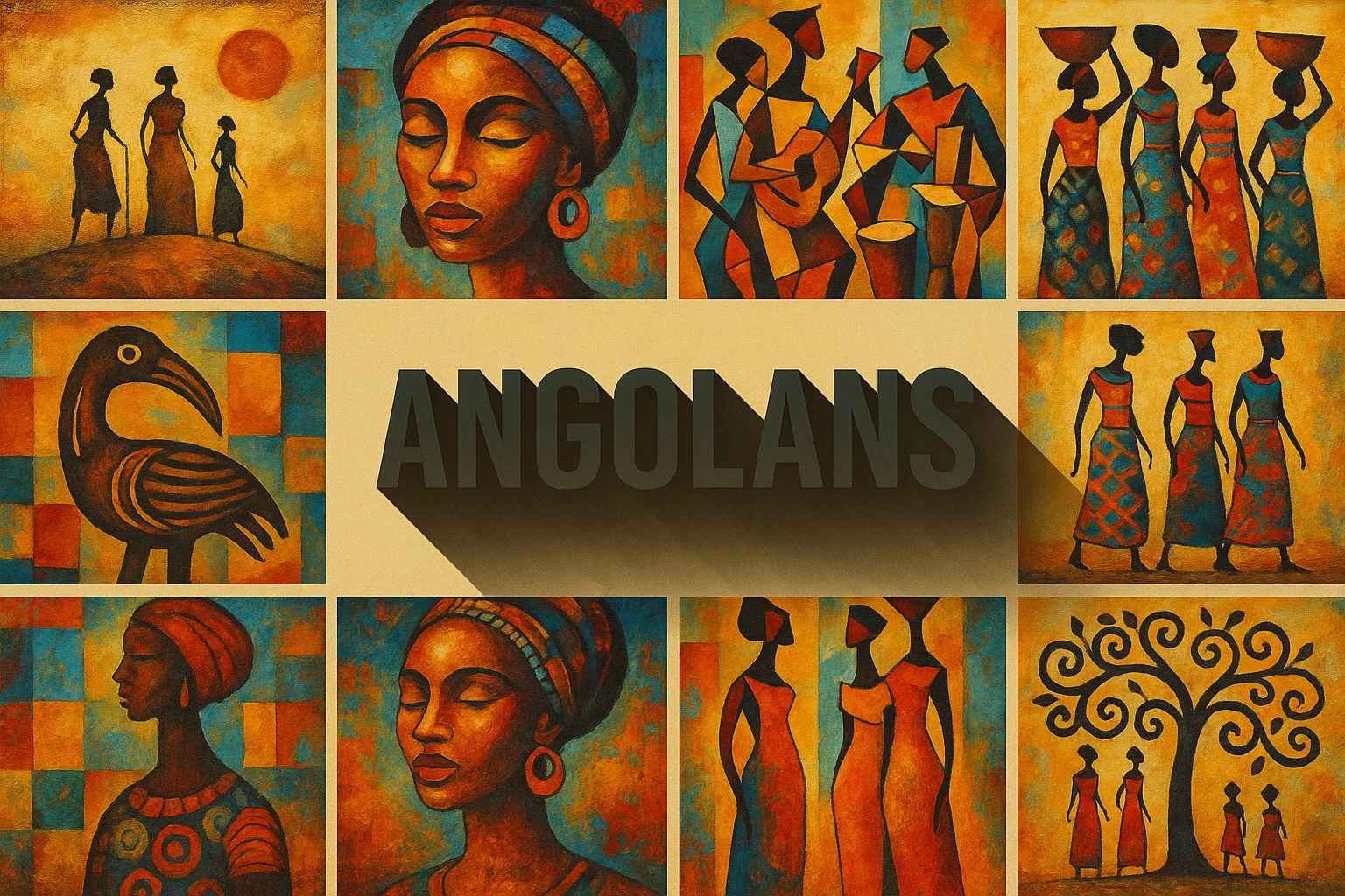 Ochre and teal archive collage of invented portraits, musicians, silhouettes and decorative motifs, labelled Angolans.