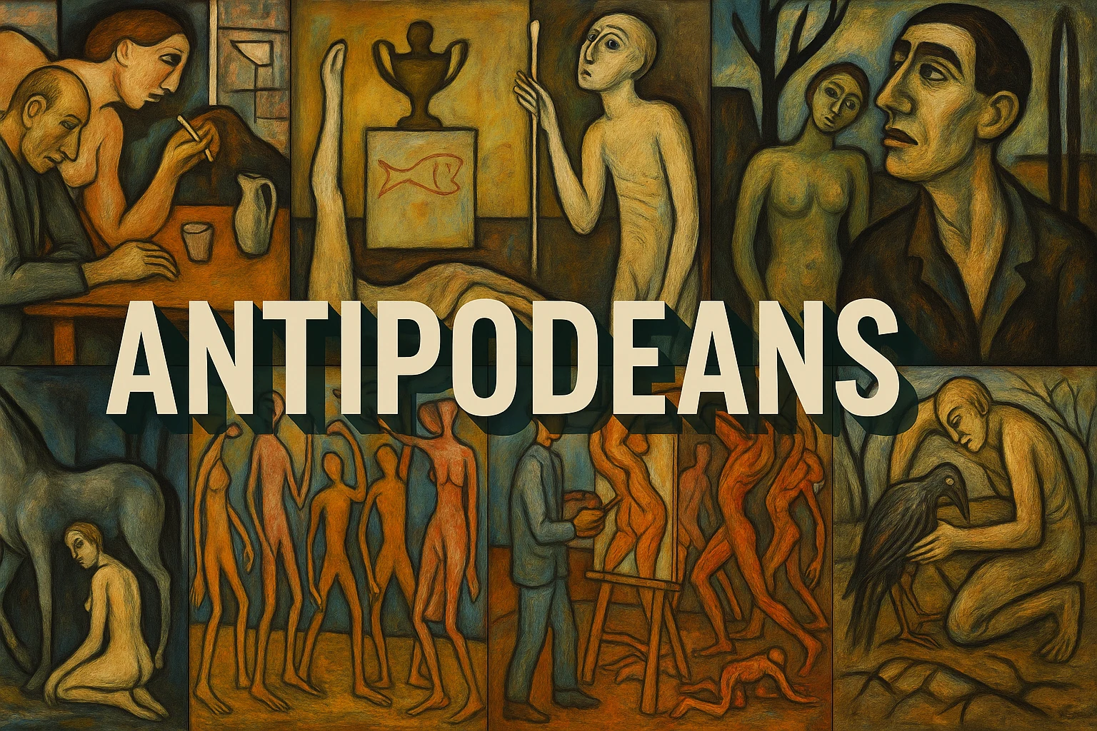 Figurative collage of faces, interior scenes, elongated bodies and animals in dark ochre and blue, with the heading Antipodeans.
