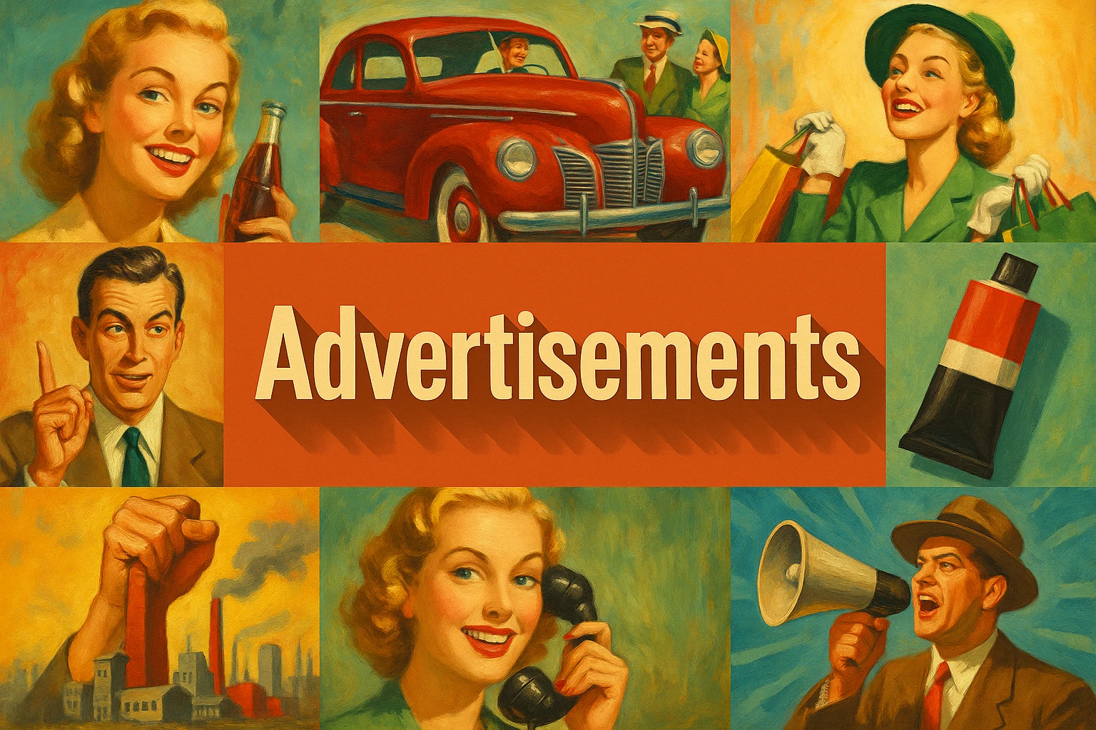 Advertisements collage showing several visual interpretations of the style.