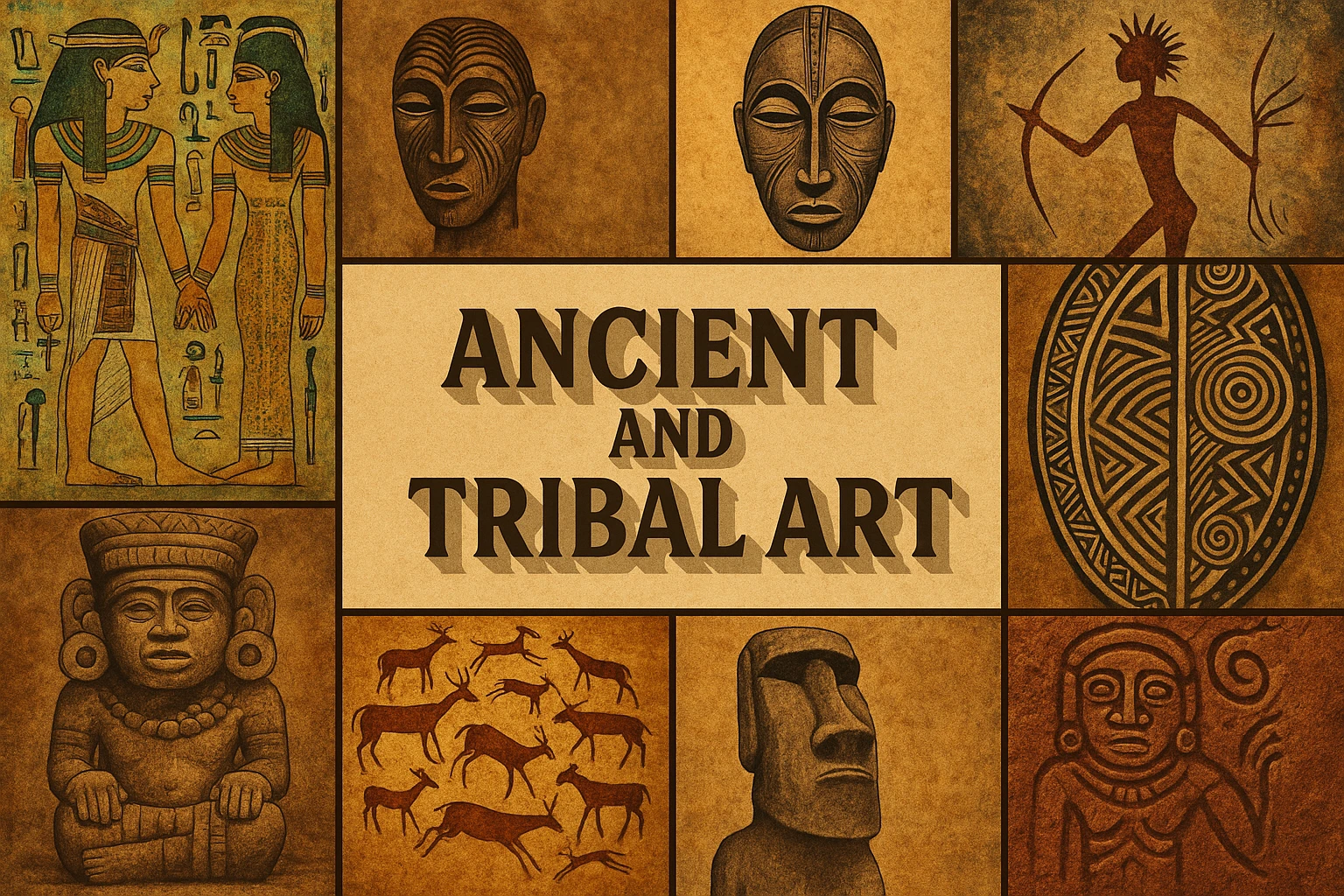 Ancient and Tribal Art collage showing several visual interpretations of the style.