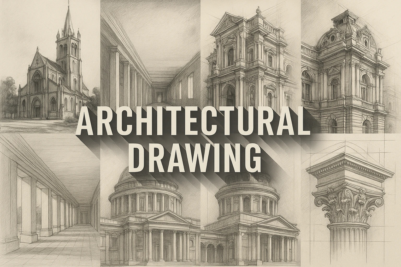 Architectural Drawing collage showing several visual interpretations of the style.