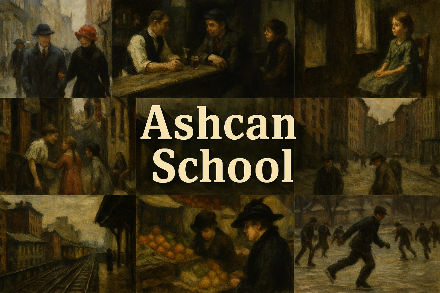 Ashcan School collage showing several visual interpretations of the style.