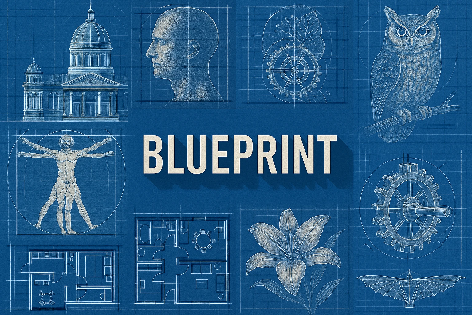 Blueprint collage showing several visual interpretations of the style.