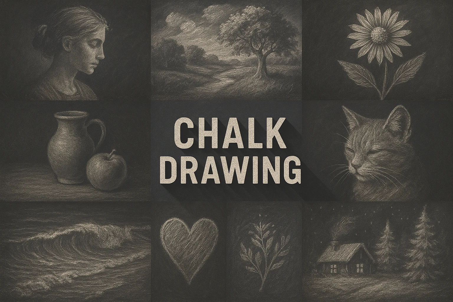 Chalk Drawing collage showing several visual interpretations of the style.