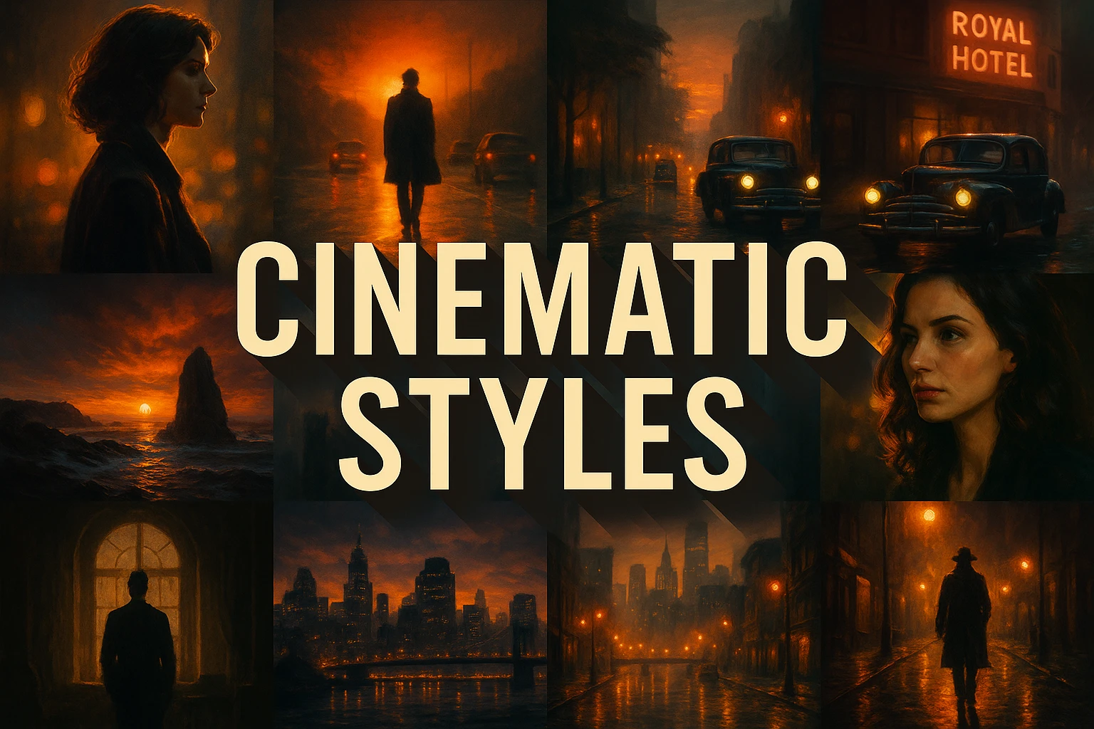 Cinematic Styles collage showing several visual interpretations of the style.