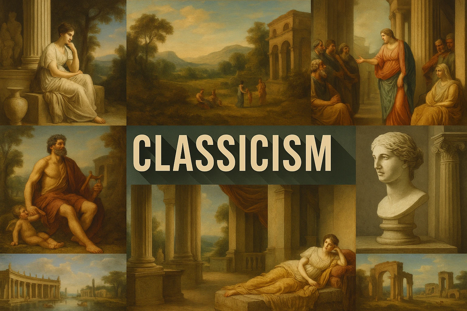 Classicism collage showing several visual interpretations of the style.