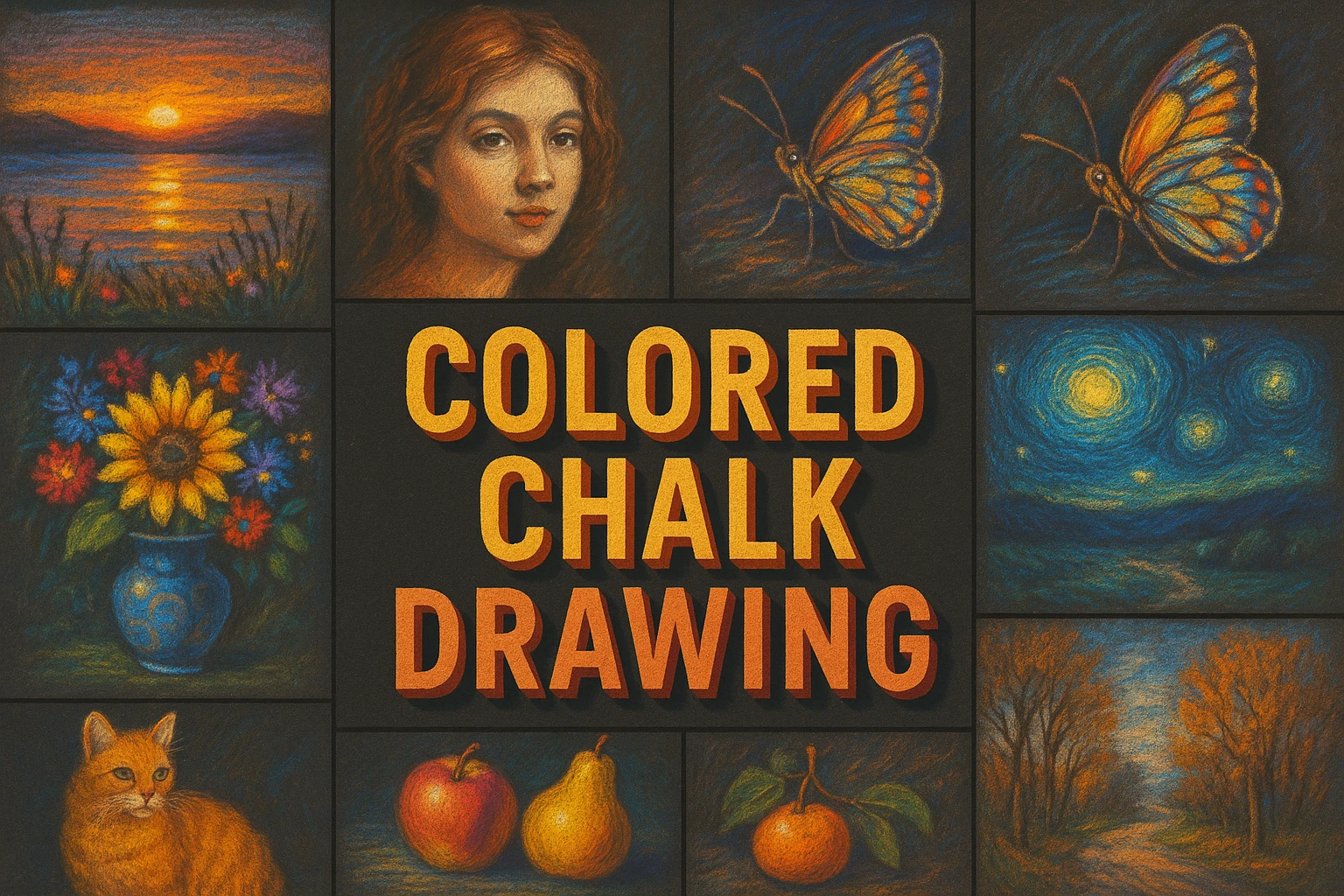 Colored Chalk Drawing collage showing several visual interpretations of the style.