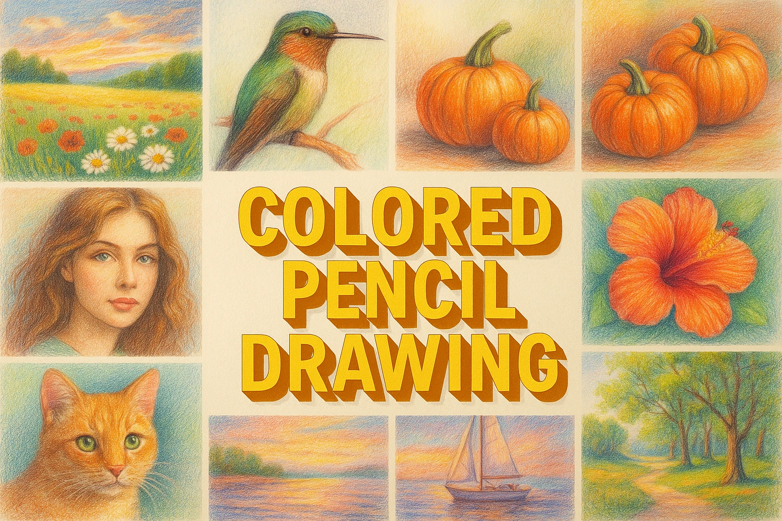Colored Pencil Drawing collage showing several visual interpretations of the style.